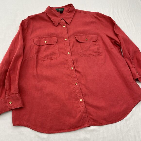 Lauren Ralph Lauren Top Womens 2X Red Linen Button Up Long Sleeve Roll Tab Blous - Picture 2 of 8